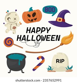 Happy Halloween holiday season.  Vector cute illustrations of objects: pumpkin head,  ghosts, eyes , fear concept