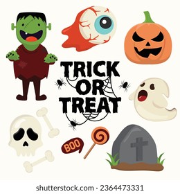 Happy Halloween holiday season.  Vector cute illustrations of objects: pumpkin head,  ghosts, eyes , fear concept