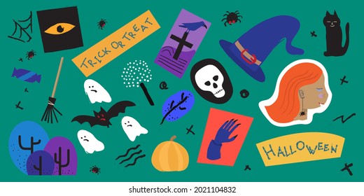 Happy Halloween holiday set. Hand drawn cartoon style set illustrations