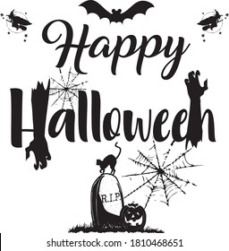 Happy Halloween holiday text with  pumpkins, black cat, witch on broom, grave and flying bat. Zombie Hand Rising. Happy Hallowen design, postcard, poster, holiday and greeting card concept. Vector.