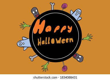 Happy Halloween holiday text with zombie hand, bone, Ghost and skull. Happy Halloween design, postcard, poster, holiday and greeting card concept. Vector.