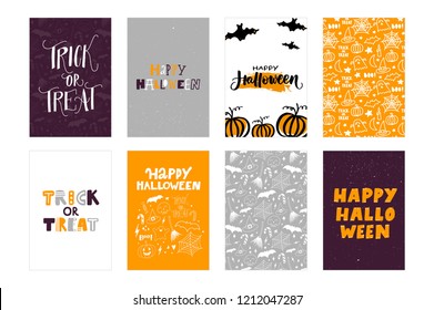 HAPPY HALLOWEEN HOLIDAY VECTOR POSTCARDS. AUTUMN HOLIDAY HAND LETTERING. TRICK OR TREAT. HAPPY HALLOWEEN. VECTOR POSTCARDS