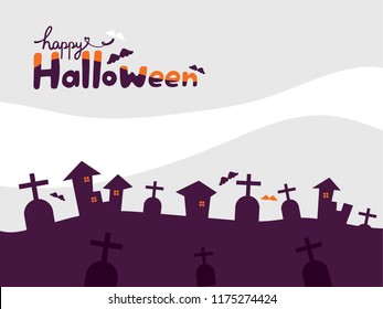 Happy Halloween holiday wallpaper with purple gravestones, castles and many bats on the light grey and white cloud background.