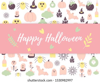 Happy Halloween holidays banner with Flat style party icons and text. Pastel color Halloween scary ghost, pumpkin, haunted house, bat, tomb, skull, skeleton, spider net. Seasonal. Vector illustration