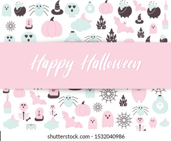 Happy Halloween holidays banner with Flat style party icons and text. Pastel color Halloween scary ghost, pumpkin, haunted house, bat, tomb, skull, skeleton, spider net. Seasonal. Vector illustration