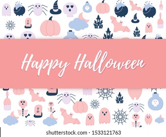 Happy Halloween holidays banner with Flat style party icons and text. Pastel color Halloween scary ghost, pumpkin, haunted house, bat, tomb, skull, skeleton, spider net. Seasonal. Vector illustration