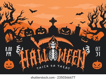 Happy Halloween holidays colorful flyer with hooded skeleton near graveyard with scary pumpkins and trick or treat slogan vector illustration