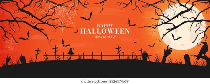 Feliz Halloween fundo horizontal. Morcego, lápide, lua, sepultura, cruz. Ilustração vetorial