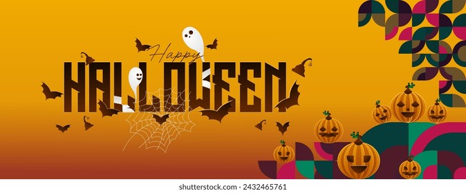 Happy Halloween horizontal background in geometric style. Happy Halloween cover with pumpkins, spider webs and typography. Suitable for greeting cards and party invitations for Halloween celebrations