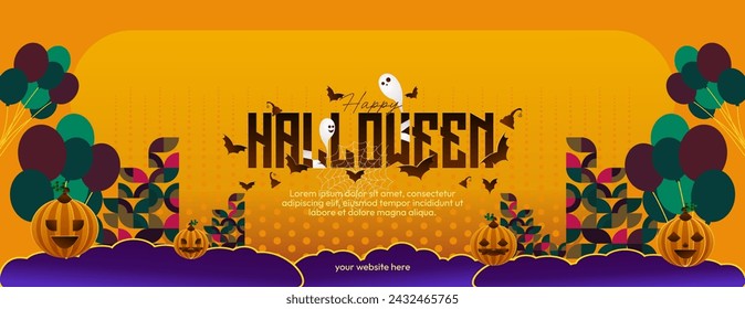 Happy Halloween horizontal background in geometric style. Happy Halloween cover with pumpkins, spider webs and typography. Suitable for greeting cards and party invitations for Halloween celebrations