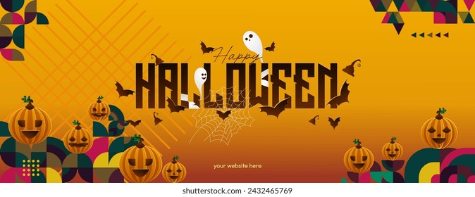 Happy Halloween horizontal background in geometric style. Happy Halloween cover with pumpkins, spider webs and typography. Suitable for greeting cards and party invitations for Halloween celebrations
