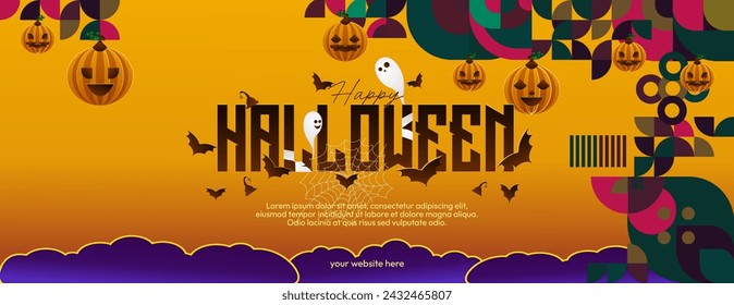 Happy Halloween horizontal background in geometric style. Happy Halloween cover with pumpkins, spider webs and typography. Suitable for greeting cards and party invitations for Halloween celebrations