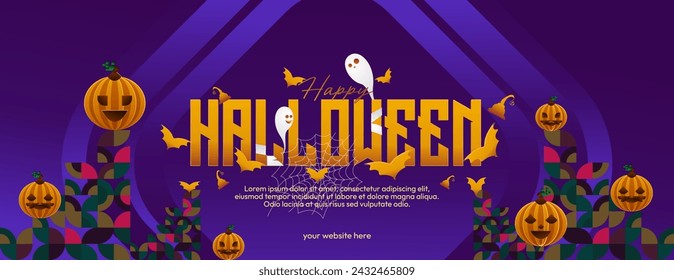 Happy Halloween horizontal background in geometric style. Happy Halloween cover with pumpkins, spider webs and typography. Suitable for greeting cards and party invitations for Halloween celebrations