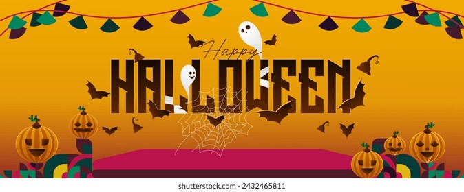 Happy Halloween horizontal background in geometric style. Happy Halloween cover with pumpkins, spider webs and typography. Suitable for greeting cards and party invitations for Halloween celebrations