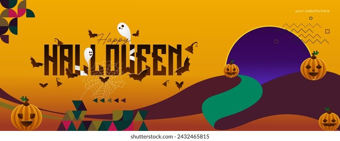 Happy Halloween horizontal background in geometric style. Happy Halloween cover with pumpkins, spider webs and typography. Suitable for greeting cards and party invitations for Halloween celebrations