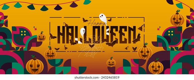 Happy Halloween horizontal background in geometric style. Happy Halloween cover with pumpkins, spider webs and typography. Suitable for greeting cards and party invitations for Halloween celebrations
