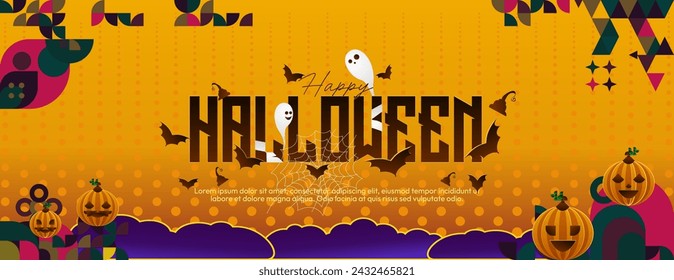 Happy Halloween horizontal background in geometric style. Happy Halloween cover with pumpkins, spider webs and typography. Suitable for greeting cards and party invitations for Halloween celebrations