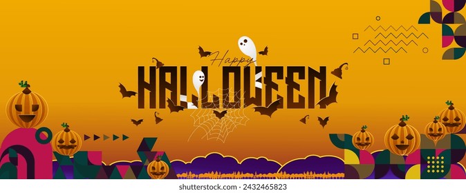 Happy Halloween horizontal background in geometric style. Happy Halloween cover with pumpkins, spider webs and typography. Suitable for greeting cards and party invitations for Halloween celebrations