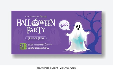 Happy Halloween horizontal banner or celebration party invitation Halloween background with scary ghost, Halloween social media cover vector illustration, Place for text