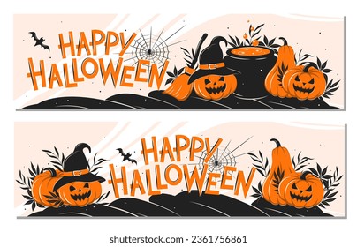 Happy Halloween horizontal banner. Composition with pumpkins, vat of potion and broom.Vector illustration for  poster, greeting card, party invitation