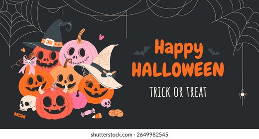 Feliz Dia das Bruxas. Banner horizontal com abóboras bonitas em vários trajes, teias de aranha, morcegos, crânios e doces. Ilustração plana para temas de Truque ou Trate , web design, fundos festivos. Vetor.