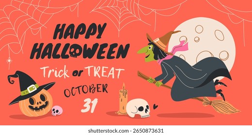 Feliz Dia das Bruxas. Banner horizontal com abóbora bonitinha no chapéu, bruxa voadora, crânios, teias de aranha, Lua cheia e vela. Ilustração plana para temas de Truque ou Trate , web design, fundos festivos. Vetor