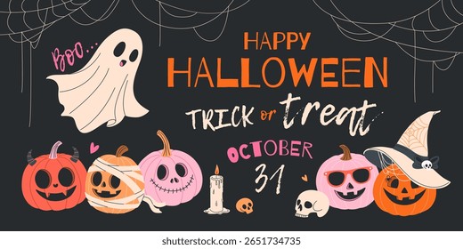 Feliz Dia das Bruxas. Banner horizontal com abóboras bonitas em vários trajes, crânios, teias de aranha, fantasma e vela. Ilustração plana para temas de Truque ou Trate , web design, fundos festivos. Vetor