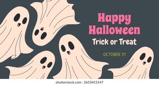 Feliz Dia das Bruxas. Banner horizontal com fantasmas bonitos e brincalhões. Ilustração de estilo plano para temas de Truque ou Tratar, web design, publicidade e promoção, fundos festivos. Vetor.
