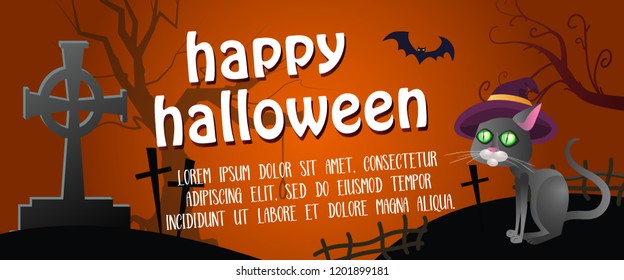 Happy Halloween horizontal banner design. Inscription with witch cat, grave, bat and cemetery on red background. Can be used for banners,posters,leaflets. 