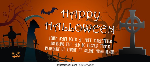Happy Halloween horizontal banner design with  grim reaper. Creative lettering with grim reaper, pumpkins, grave, bat and tree on red background. Can be used for banners, posters.  