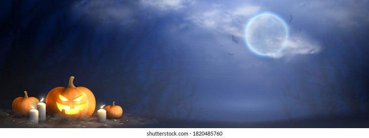Happy Halloween horizontal banner. Festive banner with spooky pumpkins, burning candles and confetti on dark background with shadows of trees. Vector illustration with cloudy sky and bright moon.