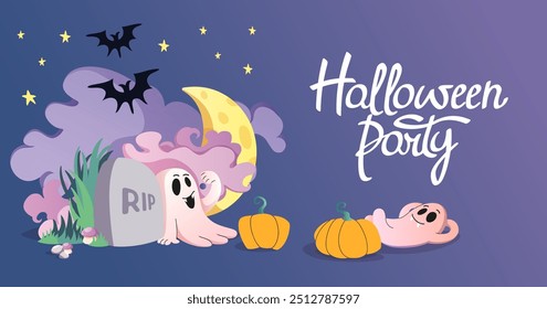 Feliz banner horizontal de Halloween. Histórico de convites festivos. Fantasmas bonitos têm piquenique romântico no cemitério. Elementos assustadores, morcegos, lua. Letras da festa de Halloween. Ilustração plana vetorial.