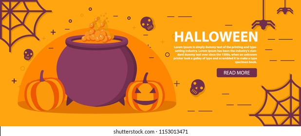 Happy Halloween .Horizontal banner flat vector.Spider web,skull.Witch's cauldron icon,smiling pumpkins.Website banner concept.