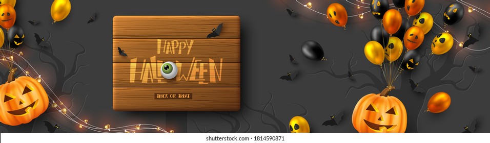 Happy Halloween horizontal banner. Glossy balloons with monster faces, pumpkins, flying bats and eyes. Handwritten lettering on wooden plank, dark background. Vector illustration.