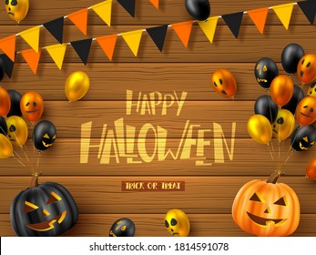 Happy Halloween horizontal banner. Glossy balloons with monster faces, pumpkins and bunting flags. Handwritten lettering on wooden background. Vector illustration.