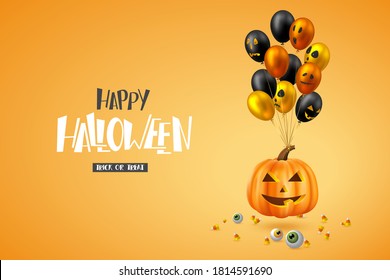 Happy Halloween horizontal banner. Glossy balloons with monster faces, pumpkin, eyes and candies. Handwritten lettering, orange background. Vector illustration.