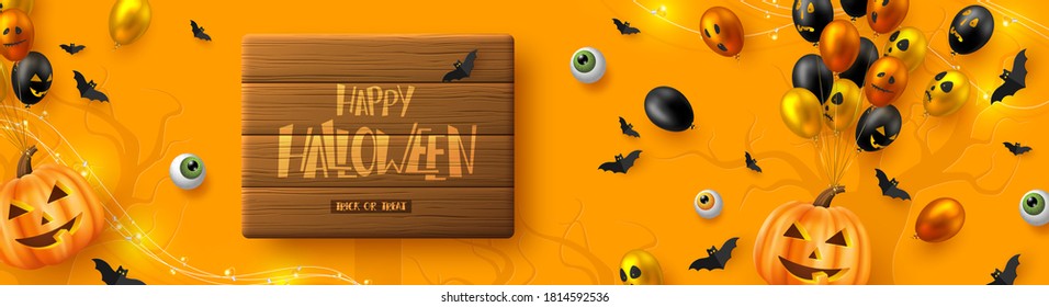 Happy Halloween horizontal banner. Glossy balloons with monster faces, pumpkins, flying bats and eyes. Handwritten lettering on wooden plank, orange background. Vector illustration.