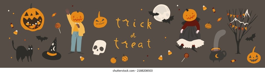 Happy Halloween horizontal banner with hand drawn cute holiday elements. Party poster, invitation, ad, advertisement. Spooky stickers, symbols template. Pumpkin head, ghost. Vector flat cartoon style
