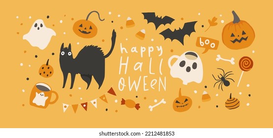 Happy Halloween horizontal banner with hand drawn cute holiday elements. Party poster, invitation, ad, advertisement. Spooky stickers, symbols template. Pumpkin head, ghost. Vector flat cartoon style