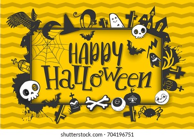 Happy Halloween horizontal banner with hand lettering greetings and sketch cartoon style horror characters. Vector illustration on yellow background. Pumpkin, skull, bird, bat, ghost, cat, grave