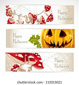Happy Halloween horizontal banner. With Jack and amanita mushroom