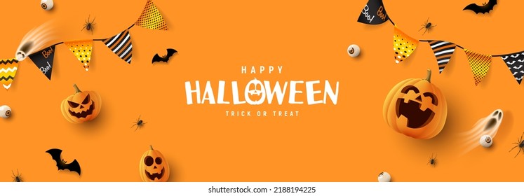 Feliz banner horizontal de Halloween. Banner festivo de color naranja con calabazas espeluznantes en 3d, ojos de caramelo, murciélagos de papel, arañas y guirnaldas. Ilustración vectorial. Cartel feliz de las fiestas de Halloween.