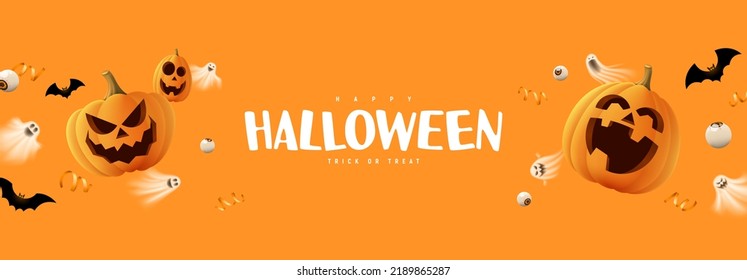 Happy Halloween horizontal banner. Orange festive banner with 3d spooky pumpkins, candy eyes, paper bats and ghosts. Vector illustration. Happy Halloween holiday banner.