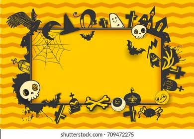 Happy Halloween horizontal banner with place for your greetings and sketch cartoon style horror characters. Vector illustration on yellow background. Pumpkin, skull, bird, bat, ghost, cat, grave