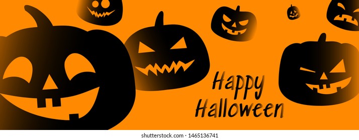 happy halloween horizontal banner with pumpkins on orange  background