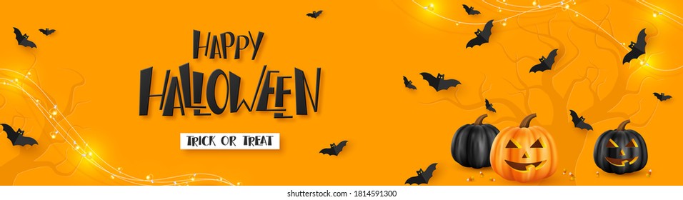 Happy Halloween horizontal banner. Pumpkins with monster faces, flying bats and garland. Handwritten lettering, orange background. Vector illustration.