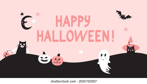 Happy Halloween horizontal banner with pumpkins and cute ghost, bat and cat characters. Halloween design elements. Pastel colors design.