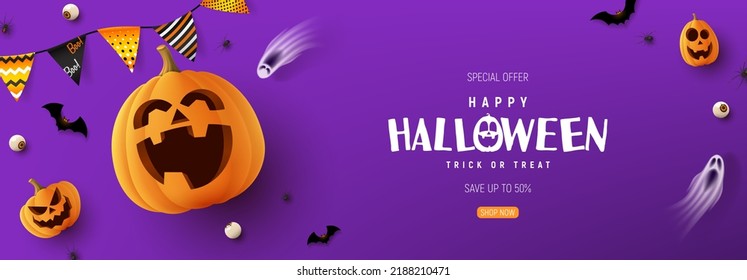 Feliz banner horizontal de Halloween. Banner festivo morado con calabazas tristes, fantasmas, ojos de caramelo, murciélagos de papel, arañas y guirnaldas. Ilustración vectorial. Cartel feliz de las fiestas de Halloween.