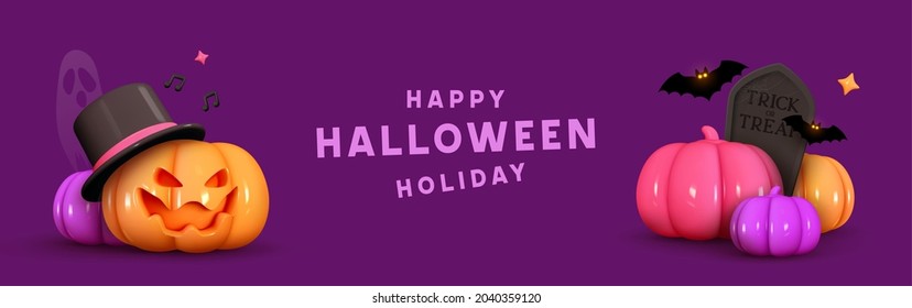 Feliz Halloween. Banner horizontal para sitio web y redes sociales. Calabazas 3d realistas en el sombrero, emociones en su sonrisa atemorizante. Afiche creativo, diseño de folletos para fiestas, folleto. Ilustración del vector