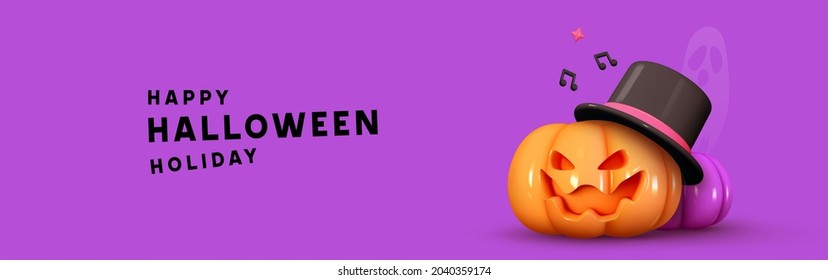 Happy Halloween. Horizontal banner for website and social networks. Realistic 3d pumpkins in hat, emotions on his face scary smile. Creative poster, party flyer design, brochure. Vector illustration
